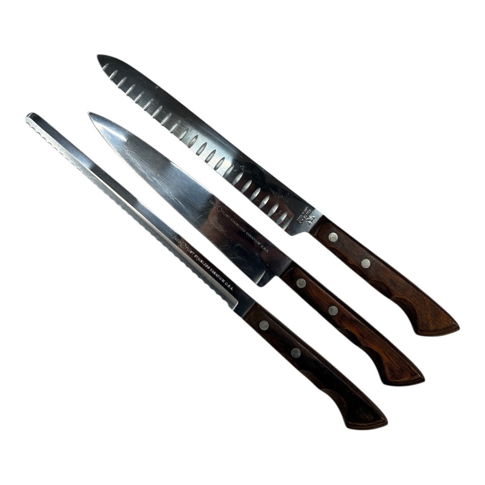 3 Vtg Ekco Flint Arrowhead Vanadium Ergonomic Wood Handle Carving Chef Knives